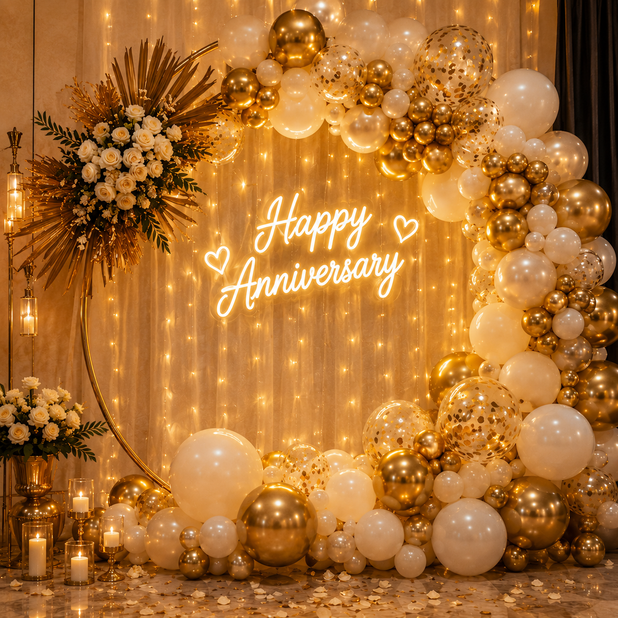 Anniversary decoration Mumbai - gold and white balloon backdrop with photos