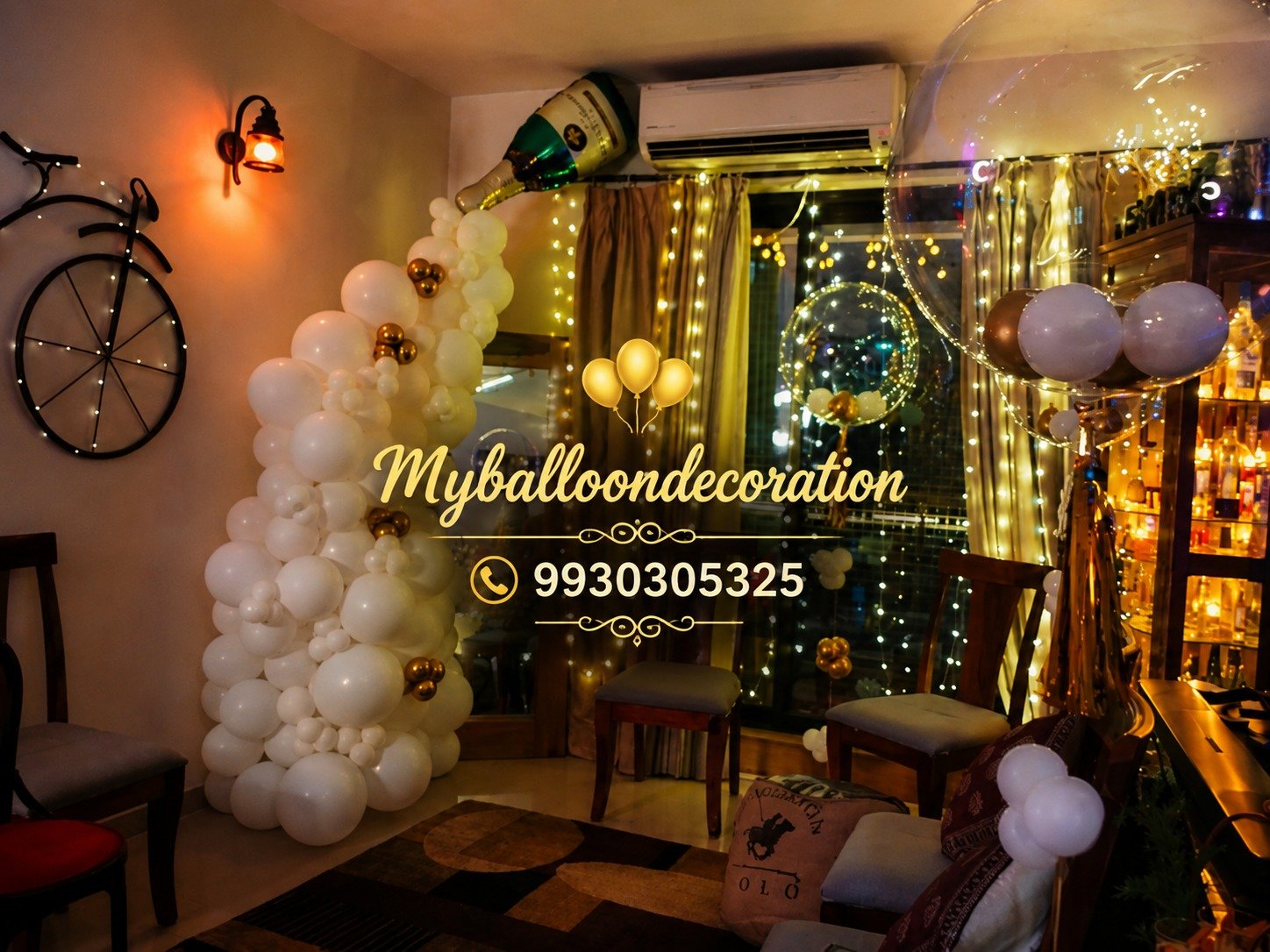 House party decoration Mumbai - gold and white balloon garland with fairy lights