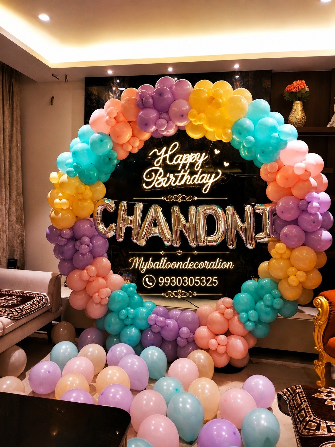 Rainbow pastel birthday balloon decoration Mumbai
